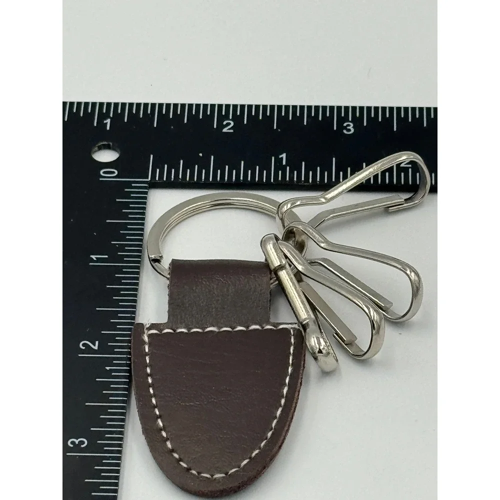 Brown Faux Leather Key Fob Keychain with 4 Silver Key Clips Contrast Stitching